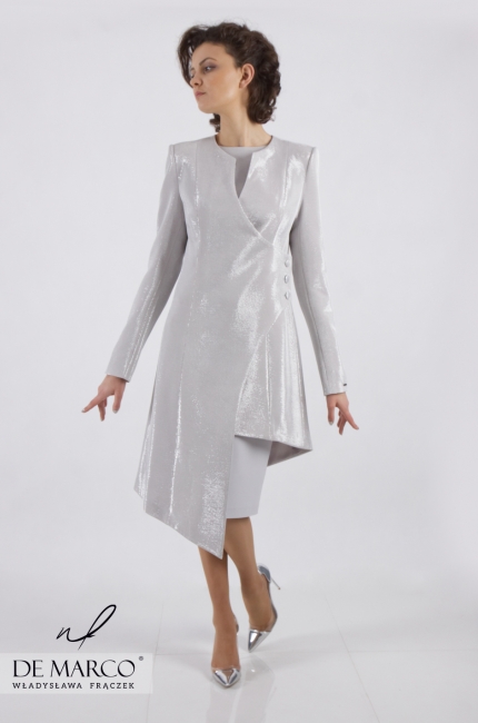 Asymmetrical silver coat Galatea, Elegant coats for dresses