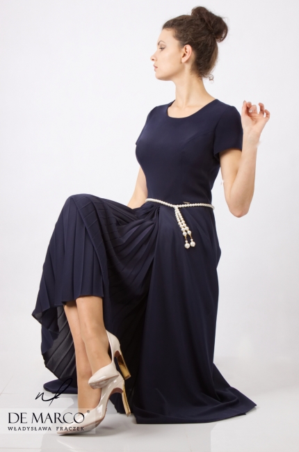 Elegant maxi evening dress Atlanta, Flared navy blue dress