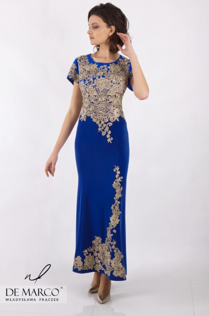 Najpiękniejsza sukienka wieczorowa z złotymi aplikacjami Kora, Ekskluzywna odzież damska