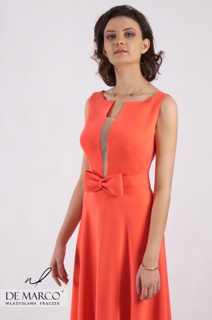 Pomarańczowa sukienka do połowy łydki Asteria, Rozkloszowane sukienki na wesele 2020