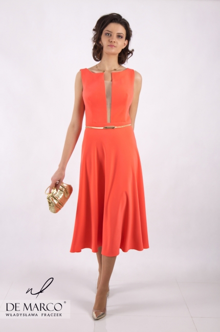 Pomarańczowa sukienka wieczorowa Asteria, Modne sukienki midi 2020