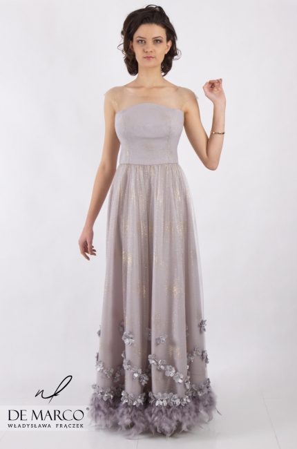 Długa suknia balowa w kolorze srebra, Maxi sukienka z gipiurą 3D - szycie na miarę przez internet