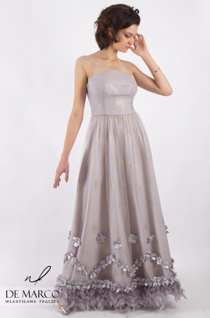 Srebrna sukienka wieczorowa Danae, Ekskluzywne kreacja 2020, sklep internetowy