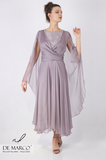 Rozkloszowana sukienka z jedwabiu z unikatowym płaszczykiem Sybilla, Ekskluzywna odzież damska 2020