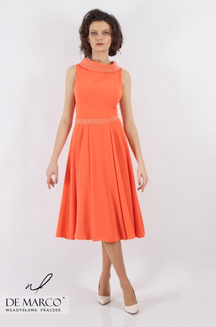 Piękna sukienka midi bez rękawów Iris, Pomarańczowe sukienki 2020/2021