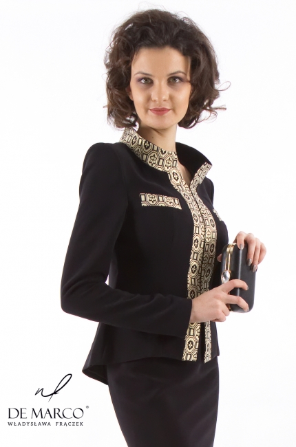 Czarno - złoty kostium wizytowy Elpis, Moda i styl 2020/2021 - zamów online, zostań w domu