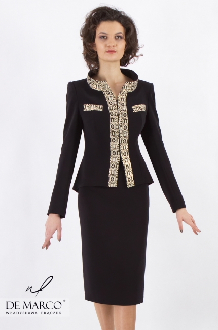 Dyplomatyczny kostium czarno - złoty uszyty z wysokiej jakości tkanin Elpis, Eleganckie stroje wieczorowe