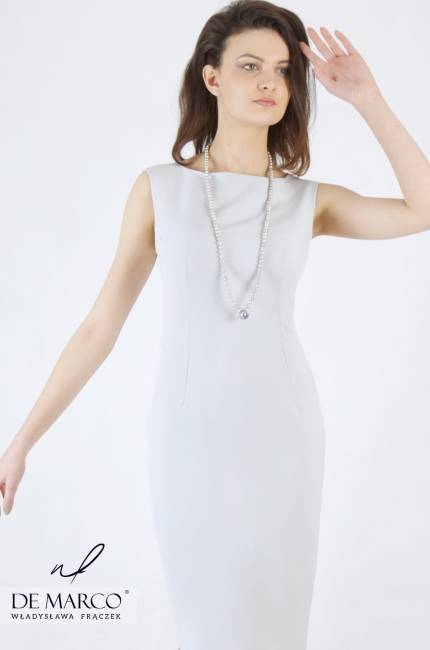 Slimming pencil dress with a decorative belt Basileja, Gray dresses 2020