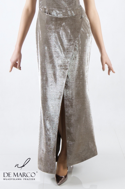 Błyszcząca suknia z drobinkami srebra szyta na miarę w De Marco Lorena, Nowoczesne kreacje 2020