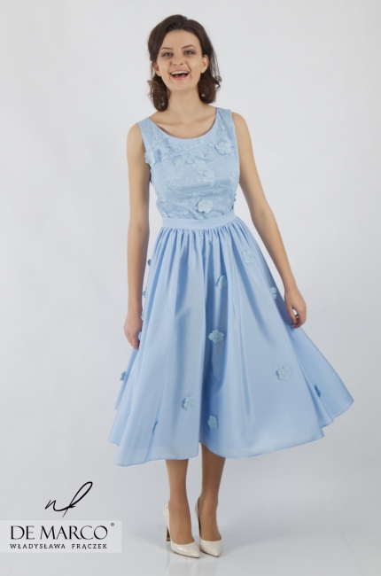 Śliczna sukienka w kolorze niebieskim na wesele w lecie Kinga, Oryginalna odzież damska od De Marco