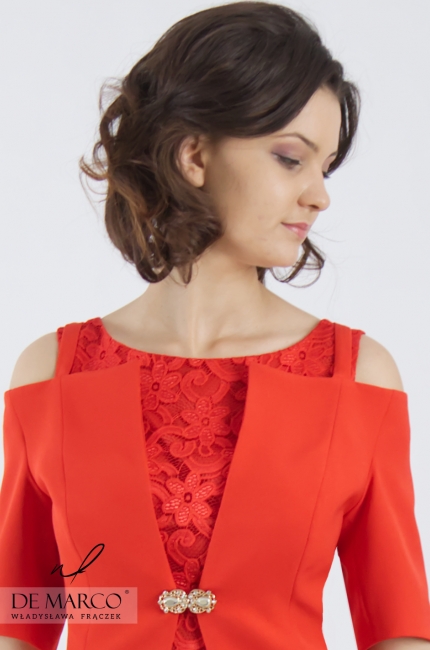 Elegant midi dress with a red jacket with original sleeves Dajana II, De Marco - exclusive women's clothing