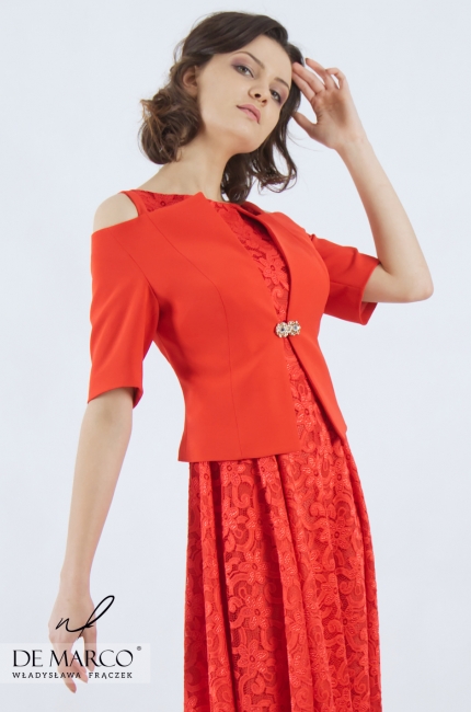 Czerwony żakiet bez ramion z zwiewną sukienką koronkową Dajana II, De Marco - szycie unikatowej odzieży damskiej