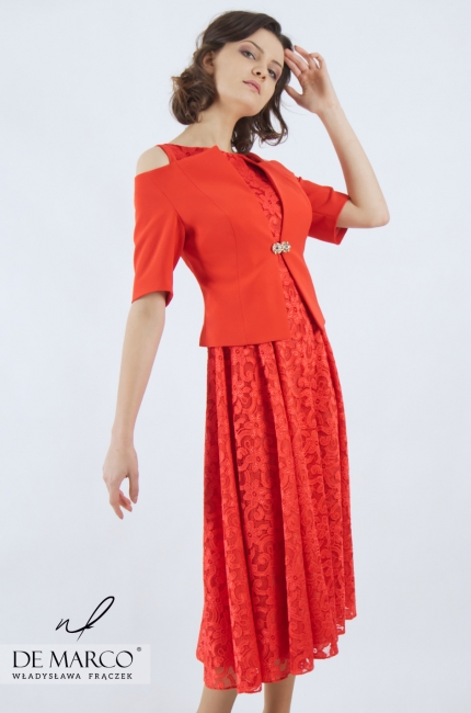 Beautiful jacket fastened with hooks with flared lace dress Dajana II, Red wedding sets 2020