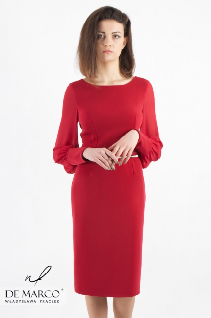 Czerwona sukienka na prestiżową imprezę firmową Psyche II, Elegancka odzież biznesowa 2020