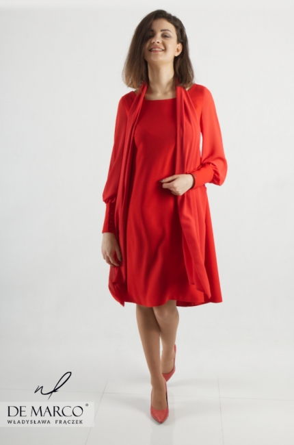 Czerwona sukienka do pracy Magda, Moda biurowa 2020