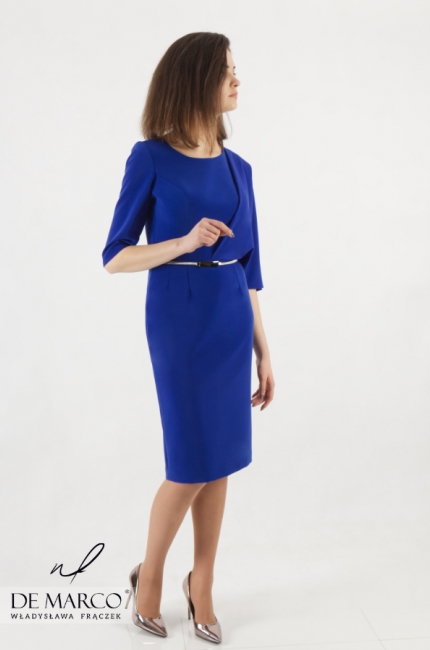 Szafirowa suknia biznesowa Clementine, Modne chabrowe sukienki 2020