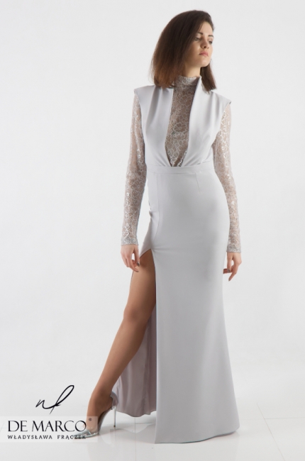 Dwuczęściowa suknia w odcieniach szarości z delikatną koronką Nila, Nowoczesne stylizacje na 2021 rok
