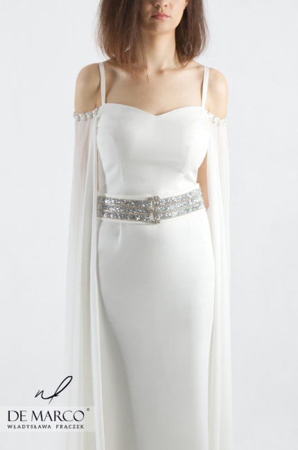 Zjawiskowa suknia ślubna z szyfonowym płaszczykiem Elpidia, Moda ślubna 2020