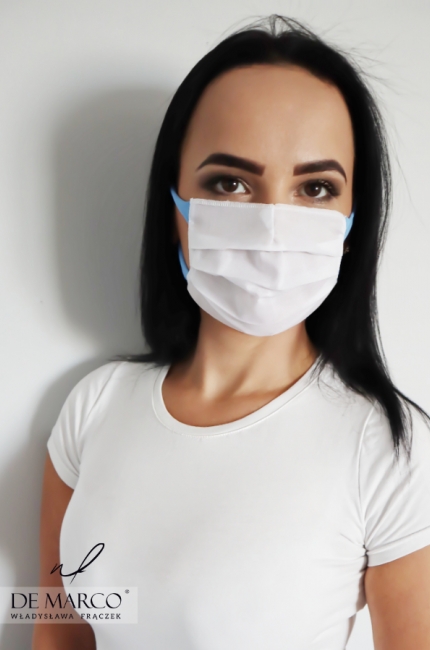 White cotton mask protecting against the habit of touching your mouth and nose with your hands, Stay at home - order online