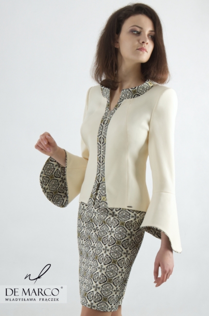 Outstanding costume made of high-quality jacquard fabric Kaliksta, Sewing tailored to the designer of Agata Duda