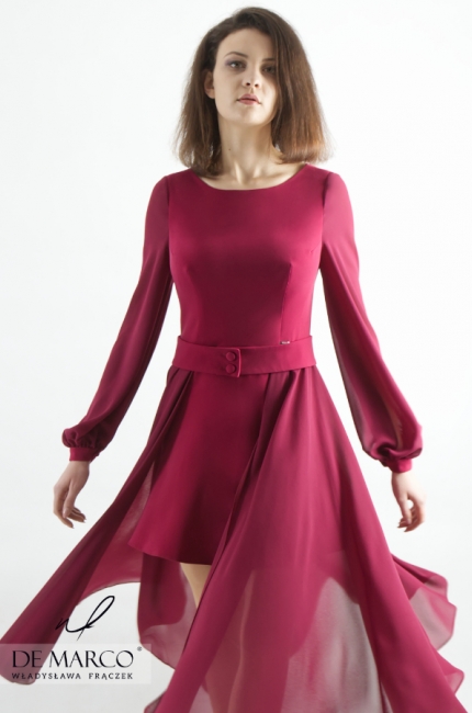 Luksusowa sukienka z dopinaną spódnicą uszytą z szyfonu Eufrazja, Produkcja Polska