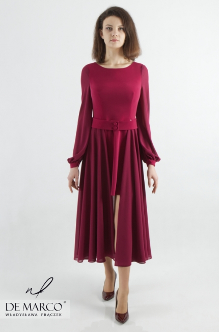 Zniewalająco piękna suknia bordo midi Eufrazja, Zaplanuj wizytę online u projektantki mody z Frydrychowic