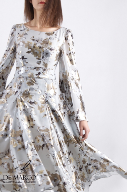 Olśniewająca sukienka o rozkloszowanym fasonie i długimi rękawkami Gaudium II, Eleganckie sukienki na lato od De Marco