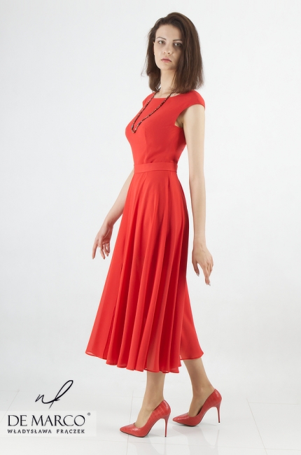 Oryginalna sukienka czerwona na ekskluzywne bale i wykwintne gale Sonka, Szycie na miarę w De Marco