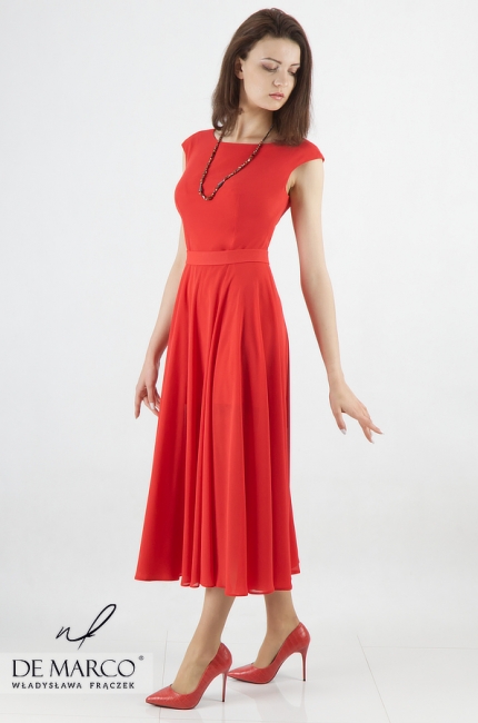 Szyfonowa sukienka w kolorze czerwonym na wesele Sonka, Eleganckie sukienki rozkloszowane midi