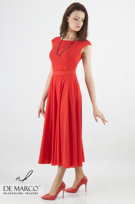 Chiffon dress in red for the wedding Sonka, Elegant flared midi dresses