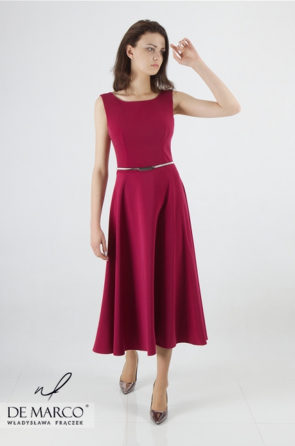 Zjawiskowa sukienka w kolorze bordowym do połowy łydki Leokadia II, De Marco - sklep online
