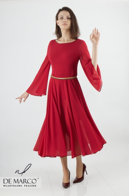Romantyczna wyszczuplająca czerwona suknia wizytowa midi. Od ulubionej projektantki Pierwszej Damy RP