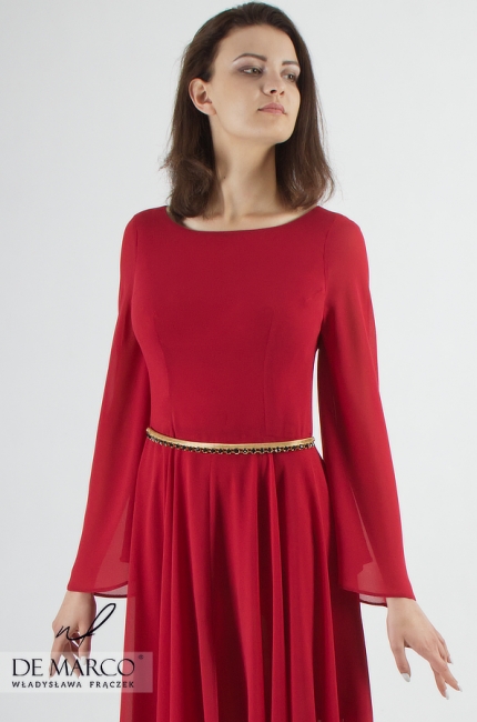 Czerwona szyfonowa suknia rozkloszowana midi na przyjęcie imprezę firmową. Sklep internetowy De Marco, Szycie na miarę