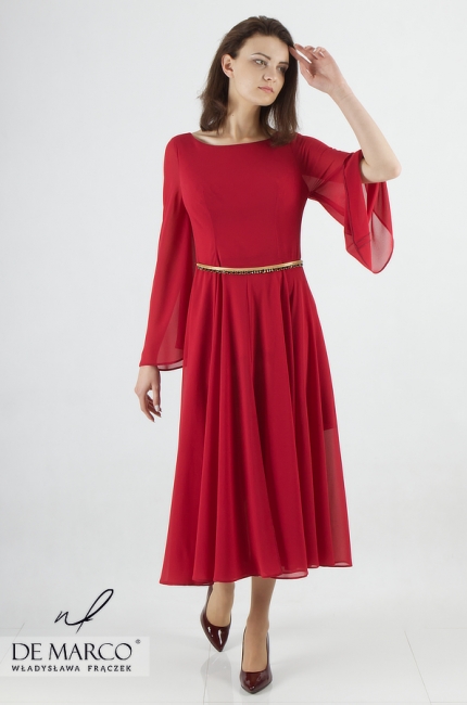 The most fashionable 3/4 dresses with long sleeves flared for parties. Sewn in Poland