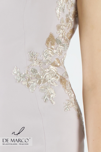 Szyta w Polsce luksusowa wyszczuplająca sukienka ołówkowa na wesele Komunię rocznicę. Szycie na miarę De Marco