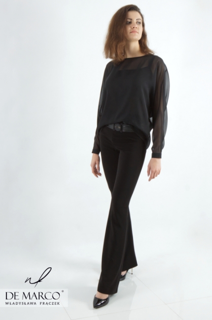 Wysokie poszerzane eleganckie spodnie damskie czarne. Sklep internetowy De Marco