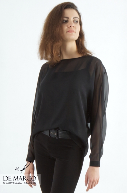 Gładka klasyczna bluzka wizytowa czarna do spodni spódnicy. Najmodniejsza koszula do biura
