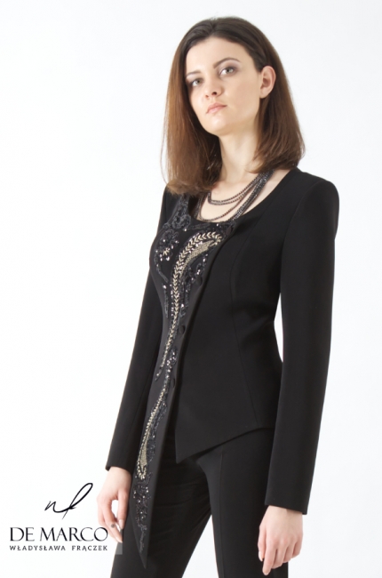 Unique styles of women's suits designed and tailored at De Marco.