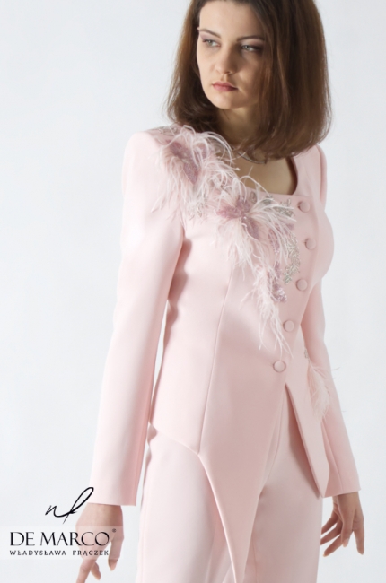 Baby pink trouser suit decorated with ostrich feathers and lace from De Marco's fashion collectione