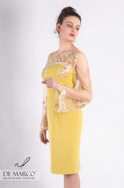 Oryginalna sukienka o fasonie ołówkowym z poszerzanymi rękawkami uszytymi z luksusowej koronki Celestyna, Ekskluzywna odzież damska od projektanta