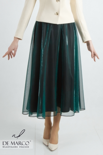 Elegancka koktajlowa spódnica wizytowa z połyskiem w kolorze turkusowej zieleni. Szycie na miarę De Marco