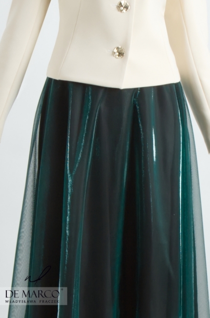 Szyta w Polsce luksusowa spódnica wizytowa koktajlowa. Modne zielone błyszczące spódnice na wyjątkowe okazje. Sklep internetowy De Marco