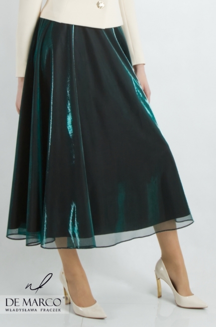 Romantic formal layered skirt in turquoise green. Fashionable shiny 3/4 midi skirts for a top blouse jacket. De Marco online store