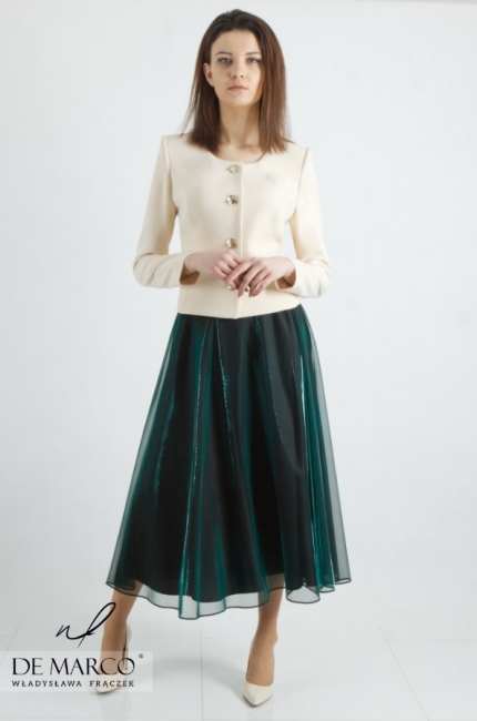 Turquoise 3/4 formal midi skirt with a sheen. Fashionable emerald stylizations for ladies. De Marco online store