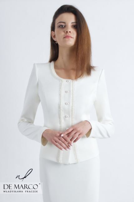 Garsonki i kostiumy damskie sklep internetowy polskiej projektantki ekskluzywnej odzieży damskie De Marco. Elegancka biała garsonka typu Chanel.