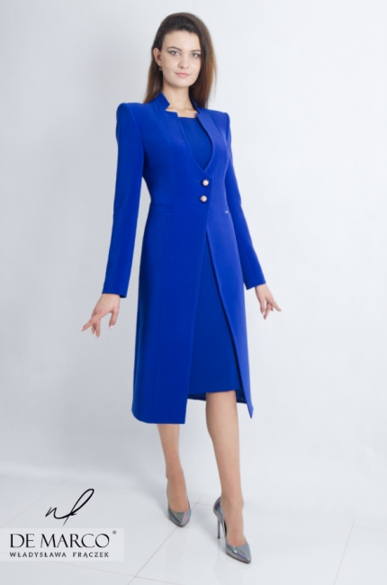 A sophisticated set of a coat and a dress in a sapphire color