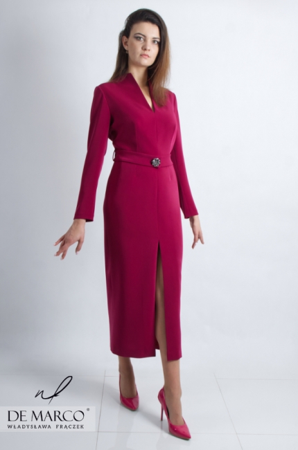 Ołówkowa sukienka midi z długim rękawkiem w kolorze bordo - De Marco