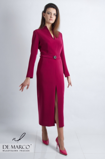 Long sleeve pencil midi dress in burgundy color - De Marco