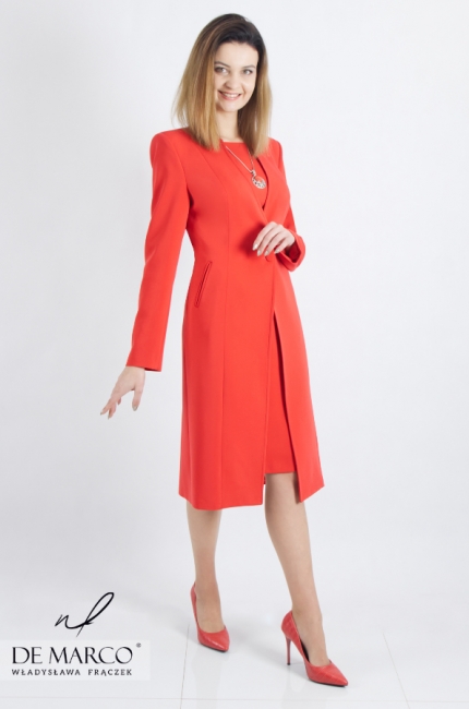 Red feminine dress kit. Red pencil dress with a dress coat. Online store, tailor-made sewing