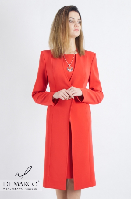 Red styling for a wedding for Mother-Mother-Mother-in-law. Midi pencil dress with a coat